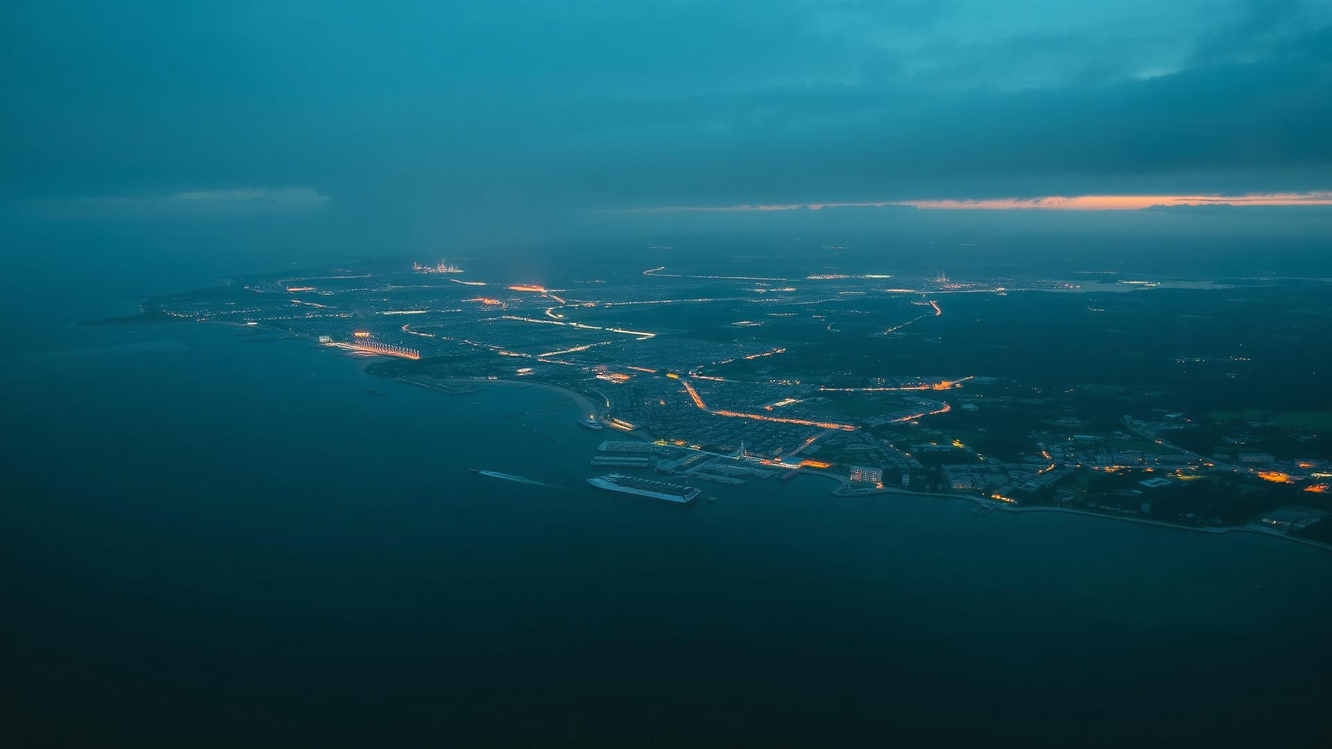 Aerial view of a European coastal city at twilight